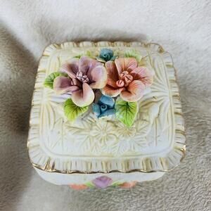 Trinket Box With Lid Resin Flowers Square Floral Covered Keepsake Jar 3”x 3”
